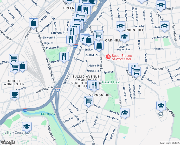 map of restaurants, bars, coffee shops, grocery stores, and more near 16 Hillside Street in Worcester