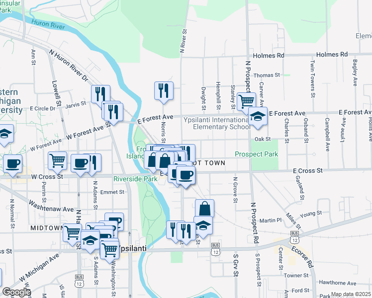 map of restaurants, bars, coffee shops, grocery stores, and more near 508 North River Street in Ypsilanti