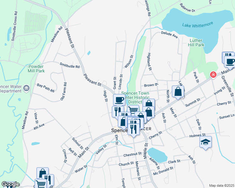 map of restaurants, bars, coffee shops, grocery stores, and more near 46 Pleasant Street in Spencer