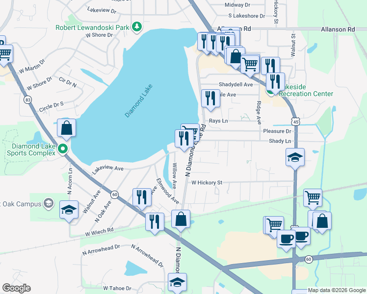 map of restaurants, bars, coffee shops, grocery stores, and more near 1116 North Diamond Lake Road in Mundelein