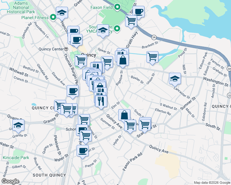 map of restaurants, bars, coffee shops, grocery stores, and more near 49 Miller Stile Road in Quincy