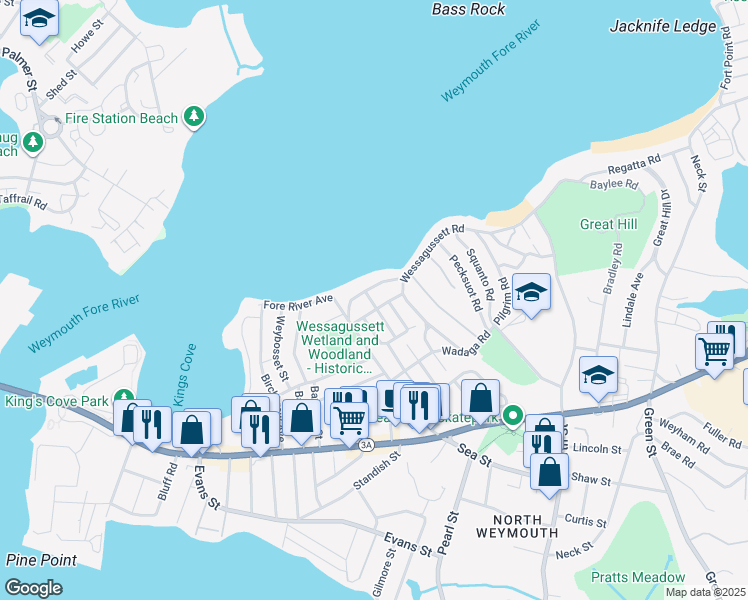 map of restaurants, bars, coffee shops, grocery stores, and more near 45 Shore Drive in Weymouth