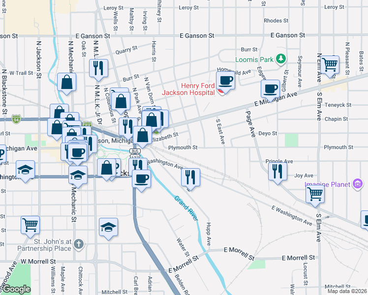 map of restaurants, bars, coffee shops, grocery stores, and more near 808 Plymouth Street in Jackson