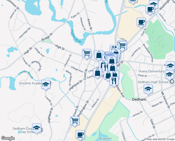map of restaurants, bars, coffee shops, grocery stores, and more near 55 Church Street in Dedham