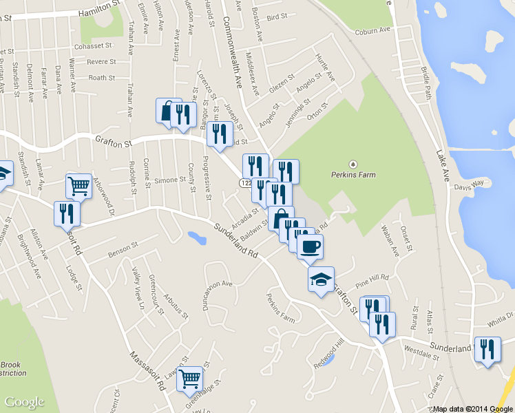 map of restaurants, bars, coffee shops, grocery stores, and more near 888 Grafton Street in Worcester