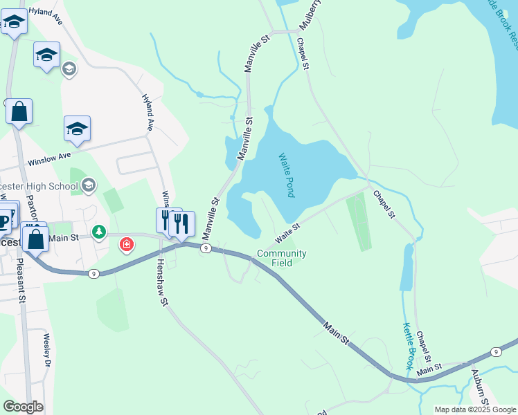 map of restaurants, bars, coffee shops, grocery stores, and more near 17 Massasoit Drive in Leicester