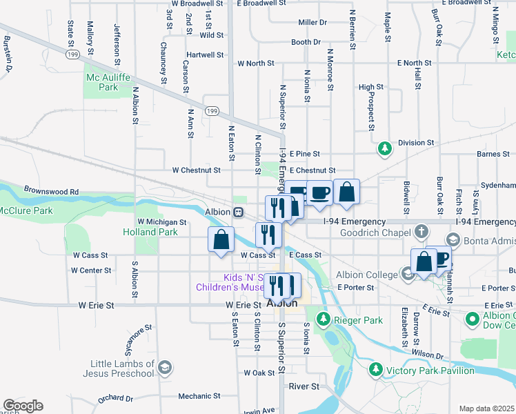 map of restaurants, bars, coffee shops, grocery stores, and more near 319 North Clinton Street in Albion