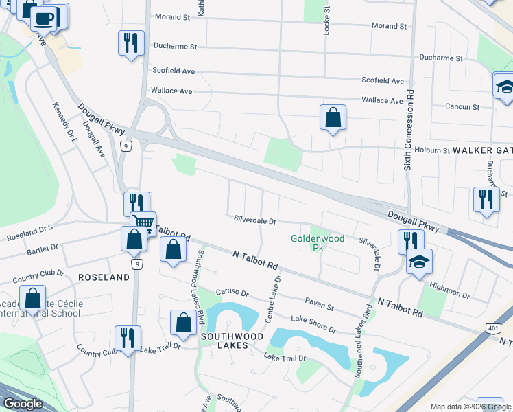 map of restaurants, bars, coffee shops, grocery stores, and more near 4257 Northwood Lakes Drive in Windsor