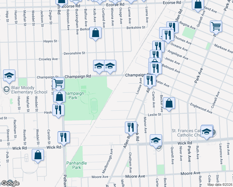 map of restaurants, bars, coffee shops, grocery stores, and more near 17348 Bert Avenue in Allen Park