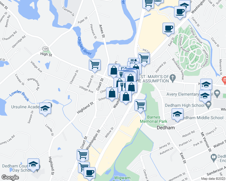 map of restaurants, bars, coffee shops, grocery stores, and more near 11 Franklin Square in Dedham