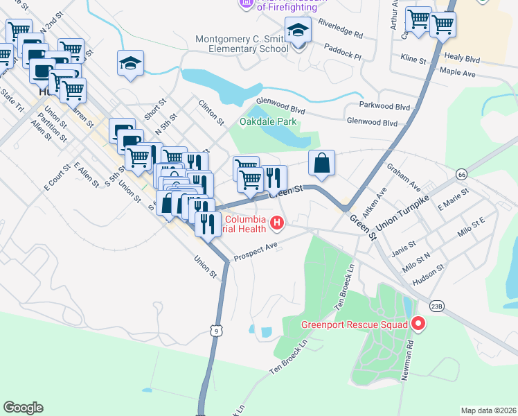 map of restaurants, bars, coffee shops, grocery stores, and more near 3 Frederick Street in Hudson