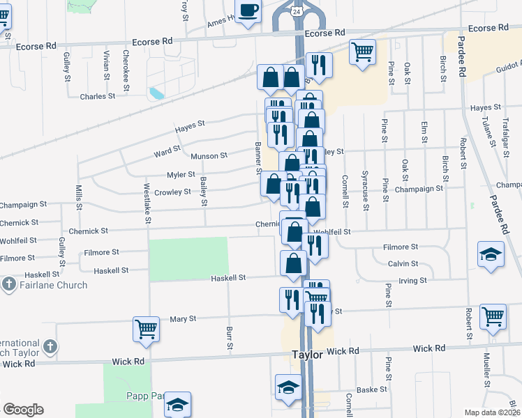 map of restaurants, bars, coffee shops, grocery stores, and more near 24305 Champaign Street in Taylor