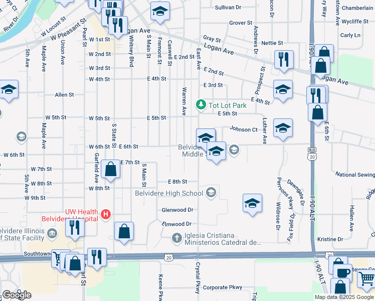 map of restaurants, bars, coffee shops, grocery stores, and more near 1306 Warren Avenue in Belvidere