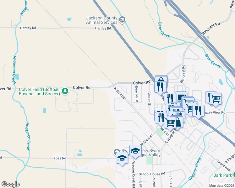 map of restaurants, bars, coffee shops, grocery stores, and more near 201 North Front Street in Talent