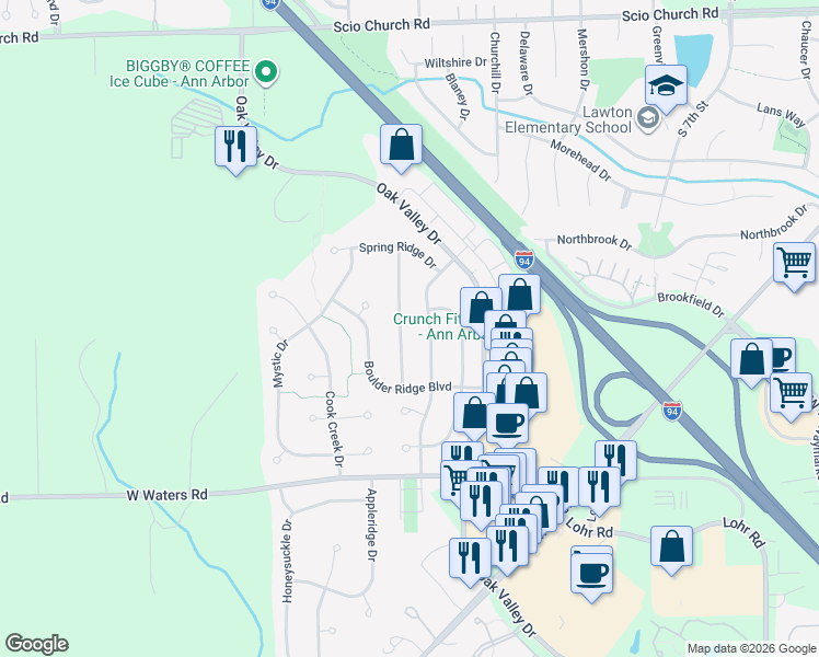 map of restaurants, bars, coffee shops, grocery stores, and more near 2813 Aspen Ridge Drive in Ann Arbor