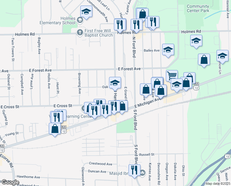 map of restaurants, bars, coffee shops, grocery stores, and more near 515 North Harris Road in Ypsilanti
