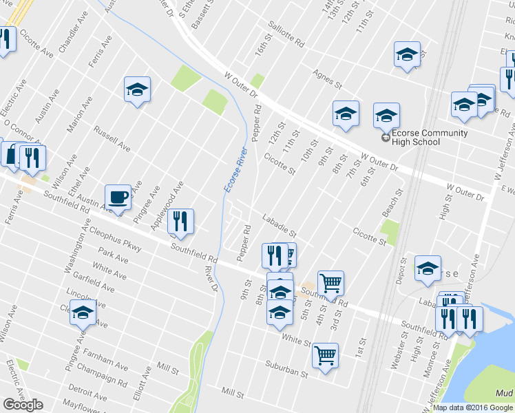 map of restaurants, bars, coffee shops, grocery stores, and more near 370 Labadie Street in Ecorse