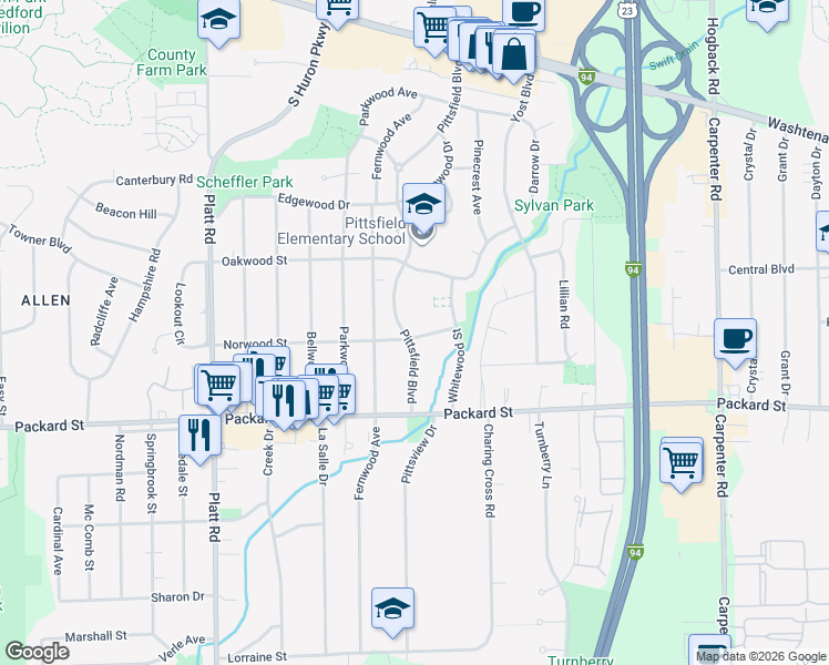 map of restaurants, bars, coffee shops, grocery stores, and more near 3405 Norwood Street in Ann Arbor