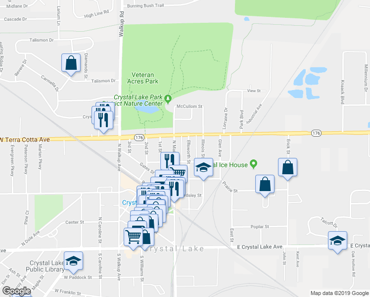 map of restaurants, bars, coffee shops, grocery stores, and more near 222 Ellsworth Street in Crystal Lake