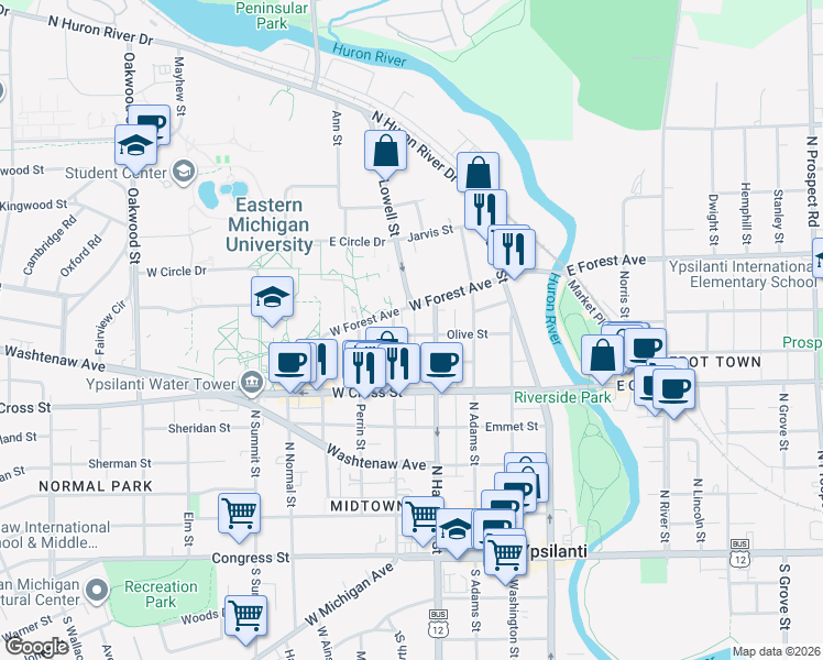 map of restaurants, bars, coffee shops, grocery stores, and more near 416 Olive Street in Ypsilanti