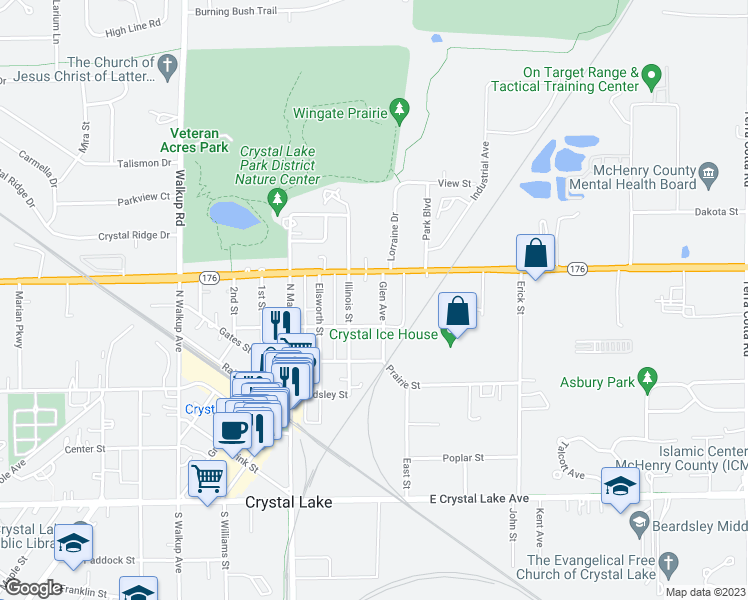 map of restaurants, bars, coffee shops, grocery stores, and more near 222 Glen Avenue in Crystal Lake