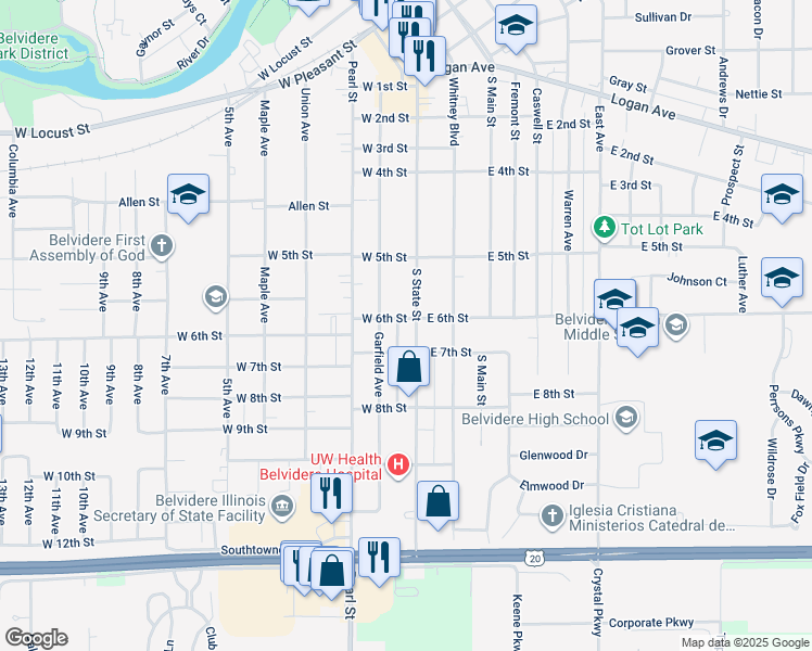 map of restaurants, bars, coffee shops, grocery stores, and more near 1305 South State Street in Belvidere