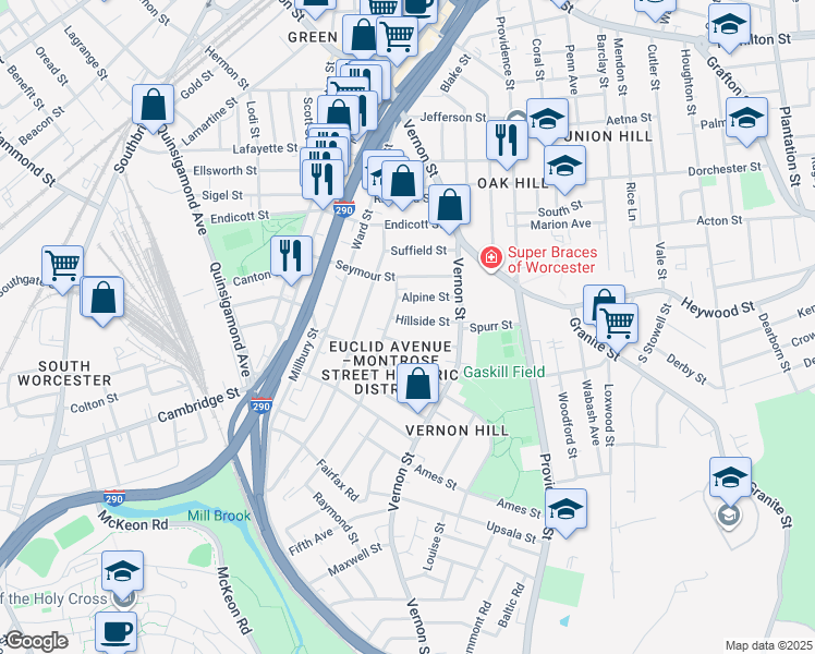 map of restaurants, bars, coffee shops, grocery stores, and more near 16 Hillside Street in Worcester