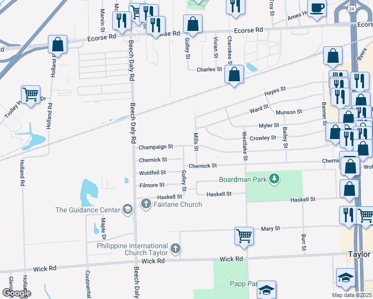 map of restaurants, bars, coffee shops, grocery stores, and more near 8205 Gulley Street in Taylor