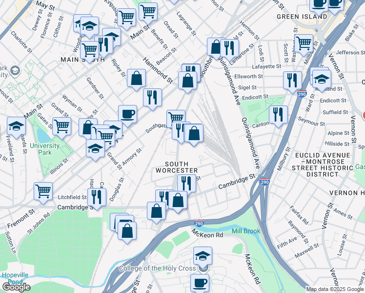 map of restaurants, bars, coffee shops, grocery stores, and more near 540 Southbridge Street in Worcester