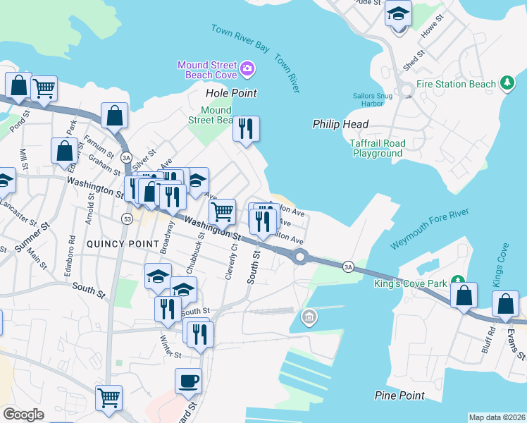 map of restaurants, bars, coffee shops, grocery stores, and more near 34 Lawn Avenue in Quincy