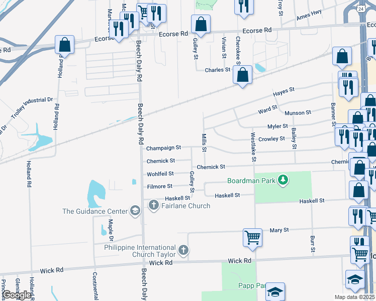 map of restaurants, bars, coffee shops, grocery stores, and more near 8205 Gulley Street in Taylor