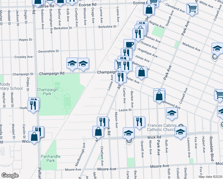 map of restaurants, bars, coffee shops, grocery stores, and more near 469 Louise Avenue in Allen Park