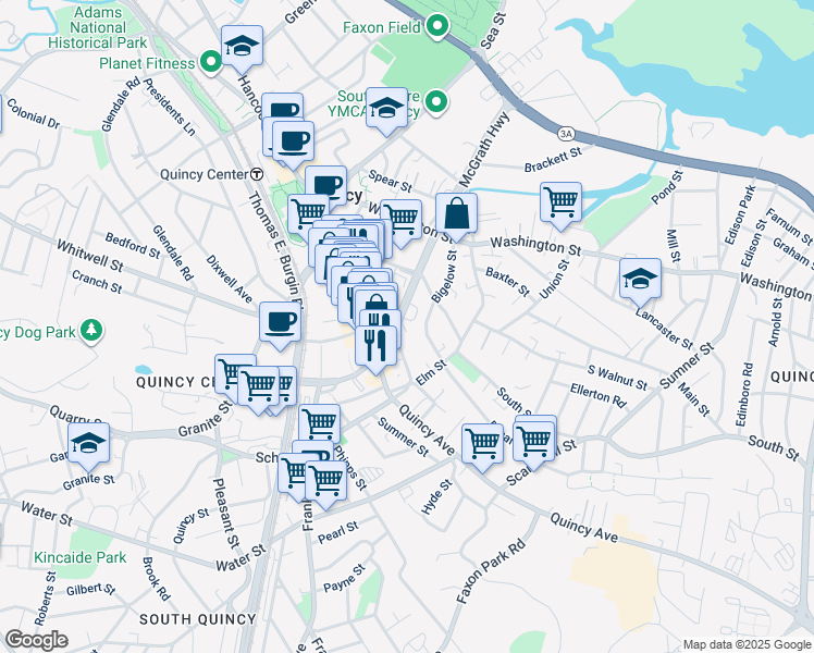 map of restaurants, bars, coffee shops, grocery stores, and more near 33 Revere Road in Quincy