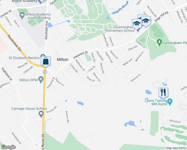 map of restaurants, bars, coffee shops, grocery stores, and more near 23 Spruce Street in Milton