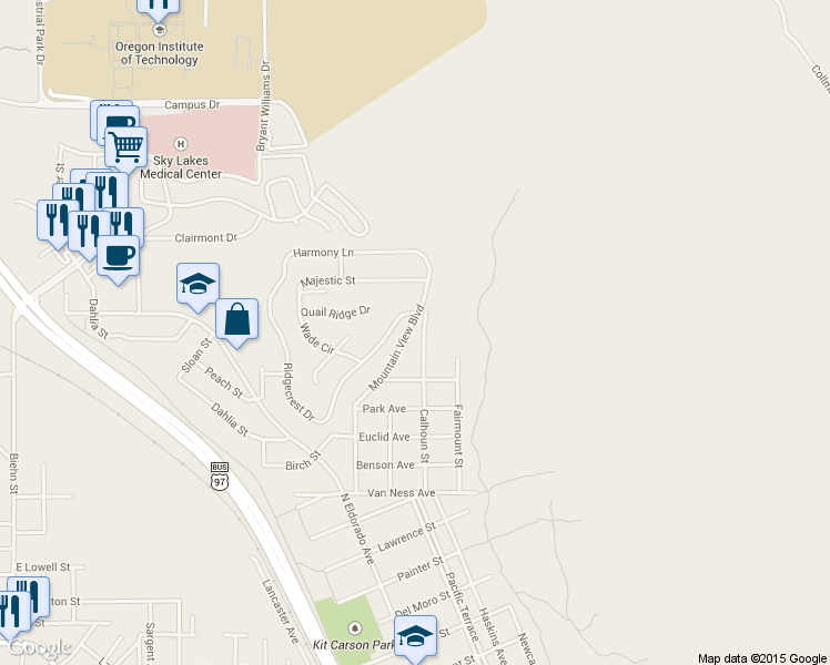 map of restaurants, bars, coffee shops, grocery stores, and more near 335 Mountain View Blvd in Klamath Falls