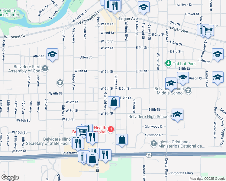 map of restaurants, bars, coffee shops, grocery stores, and more near 1305 South State Street in Belvidere