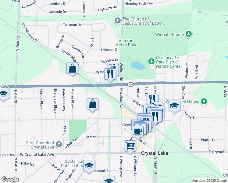 map of restaurants, bars, coffee shops, grocery stores, and more near 29 Burdent Drive in Crystal Lake