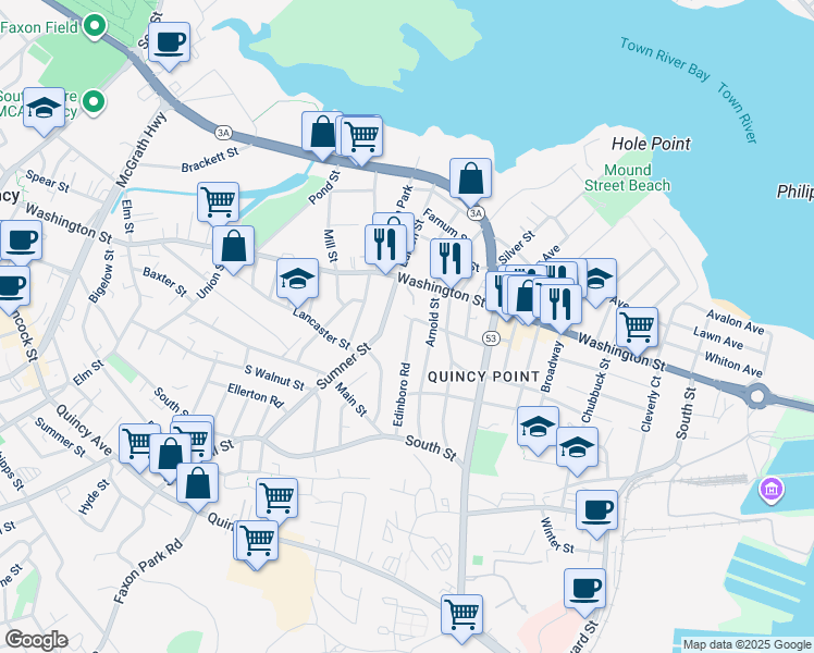 map of restaurants, bars, coffee shops, grocery stores, and more near 94 Edinboro Road in Quincy
