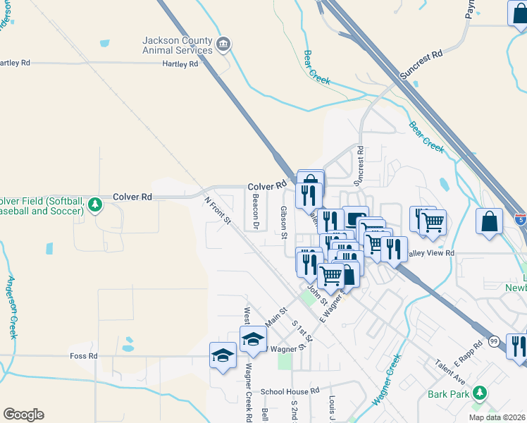 map of restaurants, bars, coffee shops, grocery stores, and more near 22 Overland Drive in Talent