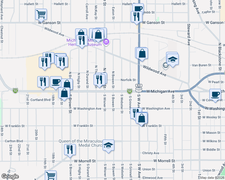 map of restaurants, bars, coffee shops, grocery stores, and more near 103 North Bowen Street in Jackson