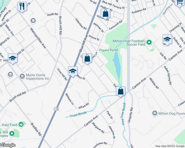 map of restaurants, bars, coffee shops, grocery stores, and more near 83 Craig St in Milton