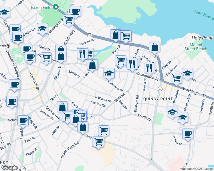 map of restaurants, bars, coffee shops, grocery stores, and more near 49 Lancaster Street in Quincy