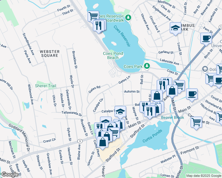 map of restaurants, bars, coffee shops, grocery stores, and more near 1 Roseville Lane in Worcester