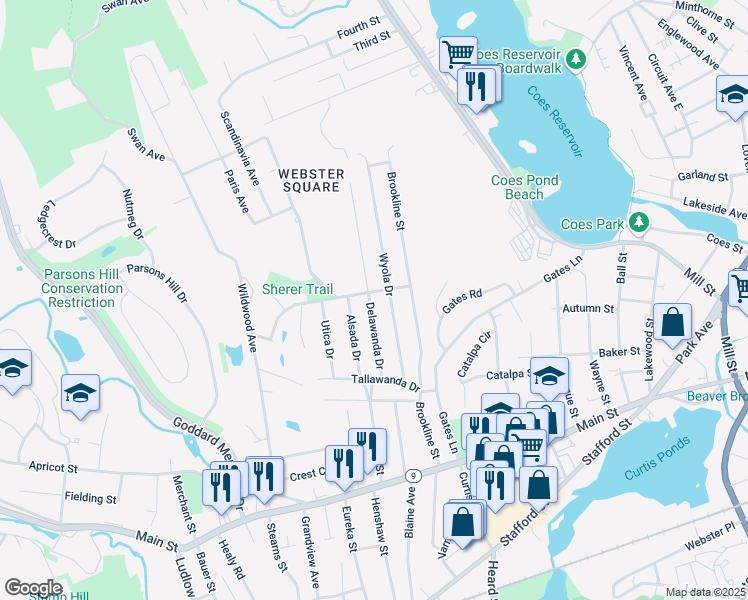map of restaurants, bars, coffee shops, grocery stores, and more near 36 Delawanda Drive in Worcester