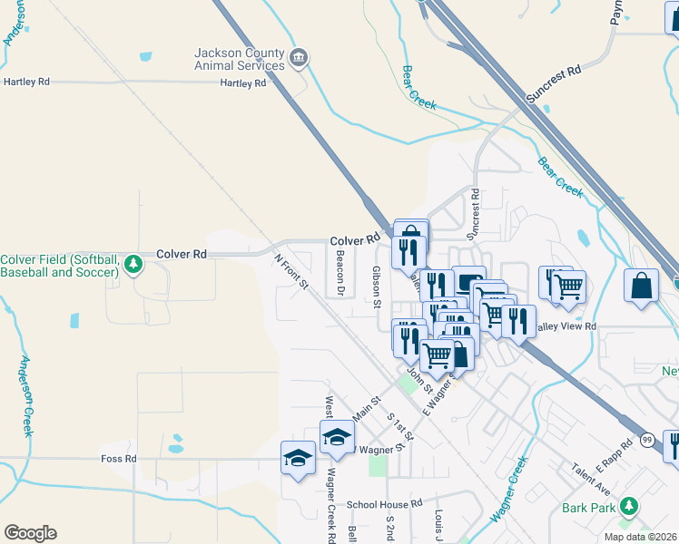 map of restaurants, bars, coffee shops, grocery stores, and more near 22 Overland Drive in Talent