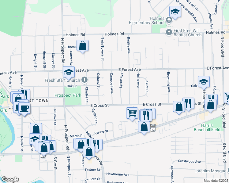 map of restaurants, bars, coffee shops, grocery stores, and more near 545 Lynne Avenue in Ypsilanti