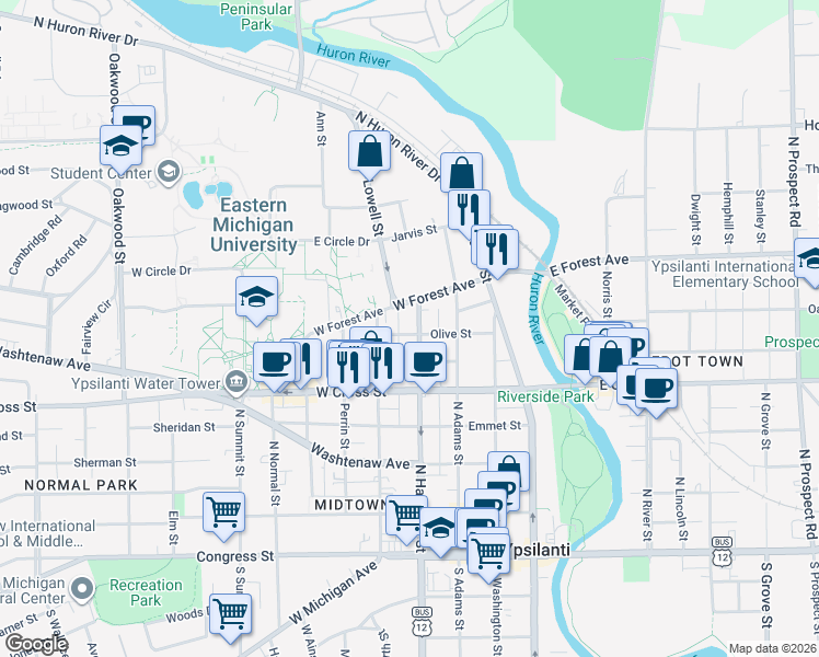 map of restaurants, bars, coffee shops, grocery stores, and more near 502 North Hamilton Street in Ypsilanti