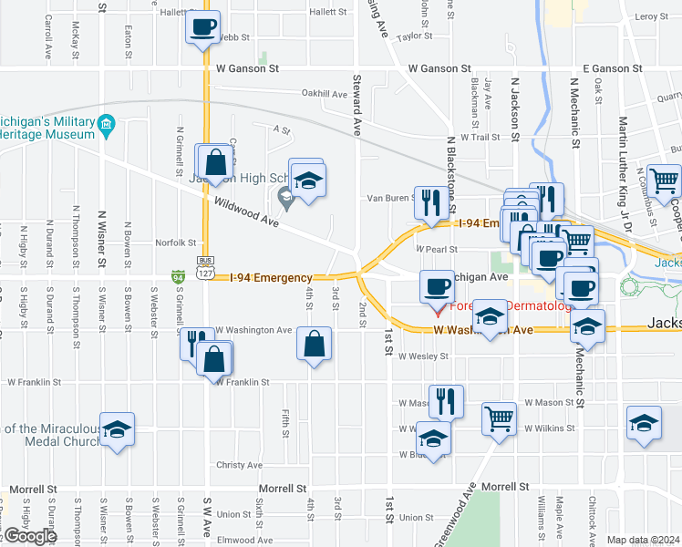 map of restaurants, bars, coffee shops, grocery stores, and more near 506 West Louis Glick Highway in Jackson