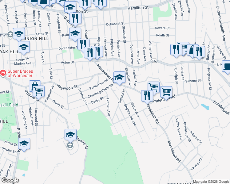 map of restaurants, bars, coffee shops, grocery stores, and more near 18 Edison Street in Worcester