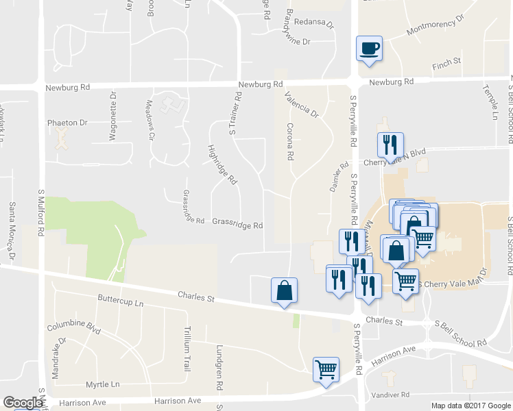 map of restaurants, bars, coffee shops, grocery stores, and more near 1893 South Trainer Road in Rockford